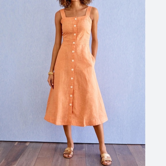 Talbots Square Neck Orange Linen Fit & Flare Dress Classic Minimalist - Picture 3 of 13